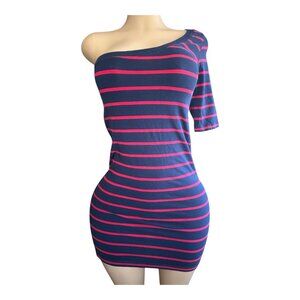 #832 Women's Small Navy & Pink Striped One-Shoulder Bodycon Dress
